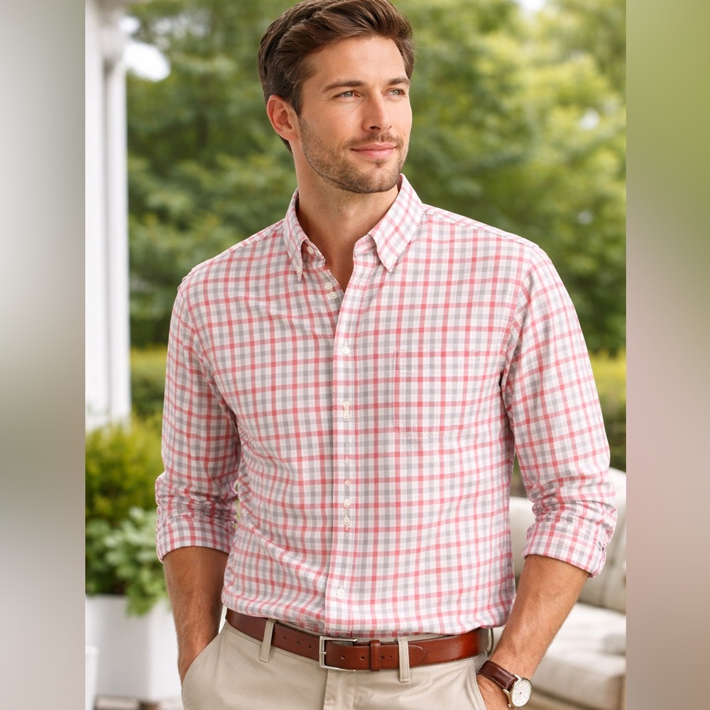 J.Crew Men’s XL Lightweight Button-Down Shirt Red Pink Gray Plaid Long Sleeve